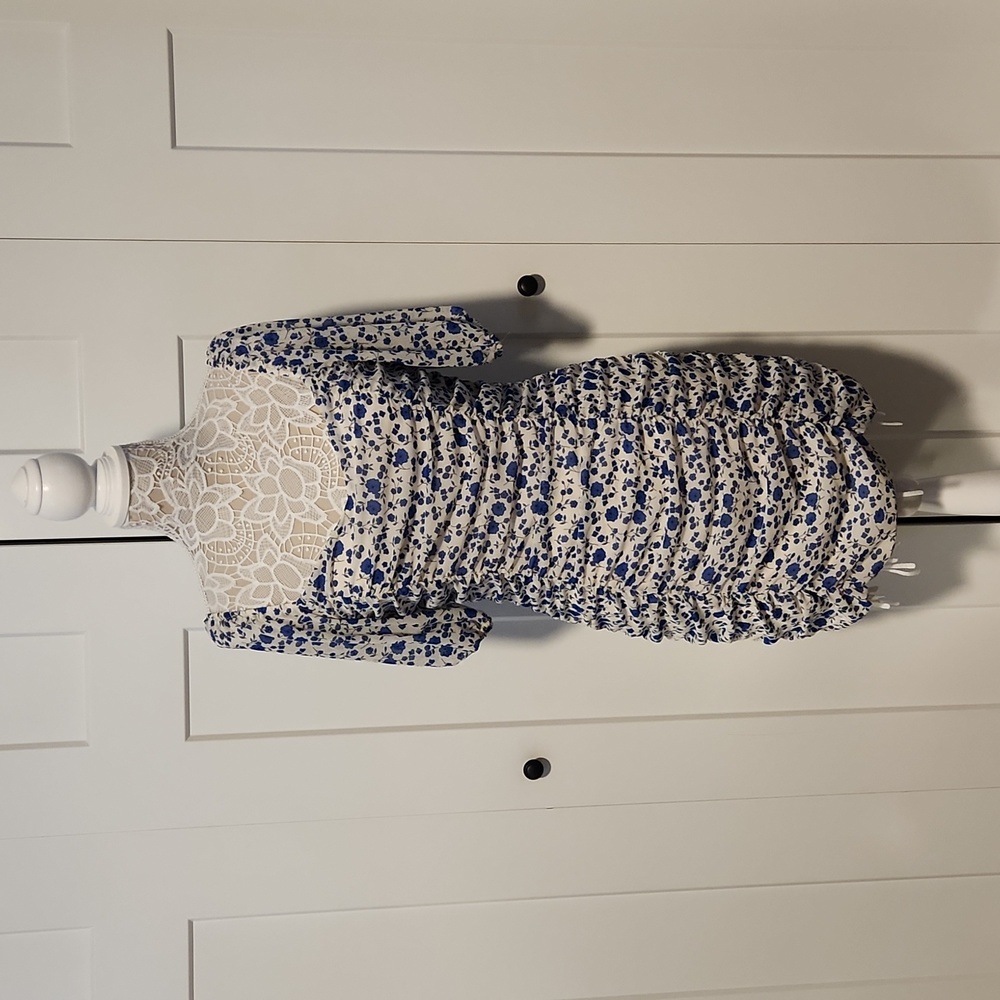All in Favor Blue Flower Ruched Dress Size: M, Never Worn